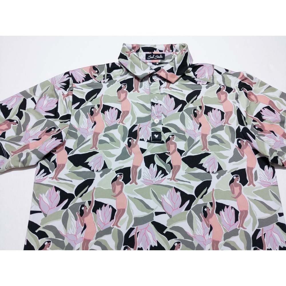 BAD BIRDIE Short Sleeve Polo Shirt Hawaiian Native Hula Girls Green Small S - Picture 6 of 10